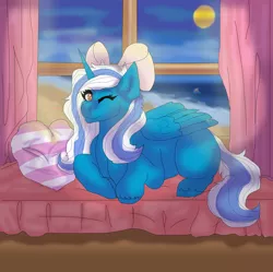 Size: 1024x1020 | Tagged: adorable face, alicorn, alicorn oc, artist:orchidcrystal, bow, curtains, cute, derpibooru import, female, hair bow, horn, laying on stomach, mare, moon, moonlight, oc, ocean, oc:fleurbelle, one eye closed, pillow, pretty, safe, sand, smiling, window, wings, wink