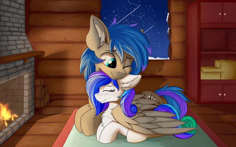 Size: 1920x1200 | Tagged: safe, artist:lunar froxy, derpibooru import, oc, oc:laconic nocturne, oc:spectral bolt, unofficial characters only, pegasus, pony, body freckles, chest fluff, chest freckles, ear fluff, eye clipping through hair, eyes closed, female, fireplace, freckles, hug, male, mare, oc x oc, shipping, snow, stallion, window, winghug, winter