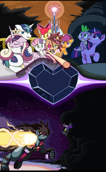 Size: 1610x2620 | Tagged: safe, artist:droll3, derpibooru import, apple bloom, king sombra, princess cadance, scootaloo, shining armor, spike, sweetie belle, twilight sparkle, ponified, pony, umbrum, cover art, crossover, crystal empire, crystal heart, darkness, fighting stance, fire, flag pole, guilty gear, guilty gear xrd, holding hooves, sin kiske, smoke, sol badguy, stairs