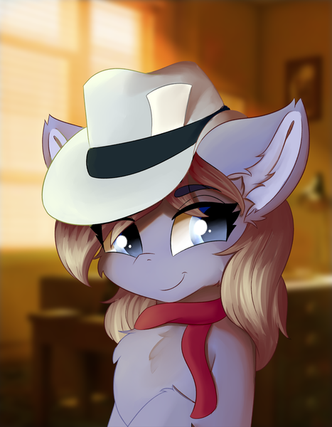 Size: 933x1200 | Tagged: safe, artist:lunar froxy, derpibooru import, oc, oc:blue violet, unofficial characters only, pony, bust, chest fluff, clothes, detective, ear fluff, eye clipping through hair, female, hat, leg fluff, mare, portrait, scarf, smug, solo