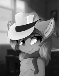 Size: 933x1200 | Tagged: safe, alternate version, artist:lunar froxy, derpibooru import, oc, oc:blue violet, unofficial characters only, pony, black and white, detective, eye clipping through hair, female, grayscale, hat, mare, monochrome, noir, smiling, smirk