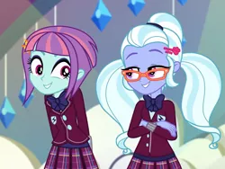 Size: 1440x1080 | Tagged: safe, derpibooru import, screencap, sugarcoat, sunny flare, dance magic, equestria girls, spoiler:eqg specials, adoraflare, bowtie, clothes, crystal prep academy uniform, cute, female, glasses, hairclip, looking at each other, pigtails, plaid skirt, pleated skirt, school uniform, skirt, smiling