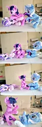 Size: 1024x3070 | Tagged: safe, artist:nekokevin, derpibooru import, starlight glimmer, trixie, twilight sparkle, pony, unicorn, series:nekokevin's glimmy, bipedal, comic, female, holding, irl, looking back, lying down, mare, on top, open mouth, photo, plushie, raised hoof, smiling, tail, tail pull, unicorn twilight