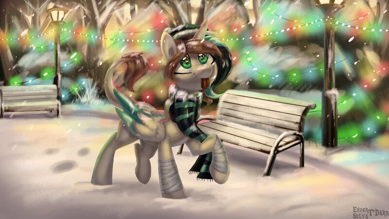 Size: 3000x1688 | Tagged: safe, artist:enderselyatdark, derpibooru import, oc, oc:volera, unofficial characters only, alicorn, pony, alicorn oc, bench, clothes, cute, horn, scarf, scenery, snow, snowfall, streetlight, tongue out, wings, winter