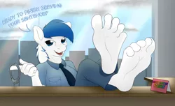 Size: 1600x972 | Tagged: anthro, artist:nudeknightart, barefoot, birthday card, birthday gift art, derpibooru import, dialogue, feet, feet on table, female, fetish, foot fetish, foot focus, hand cuffs, mare, oc, oc:striker blue, officer, soles, solo, solo female, suggestive, text, toes