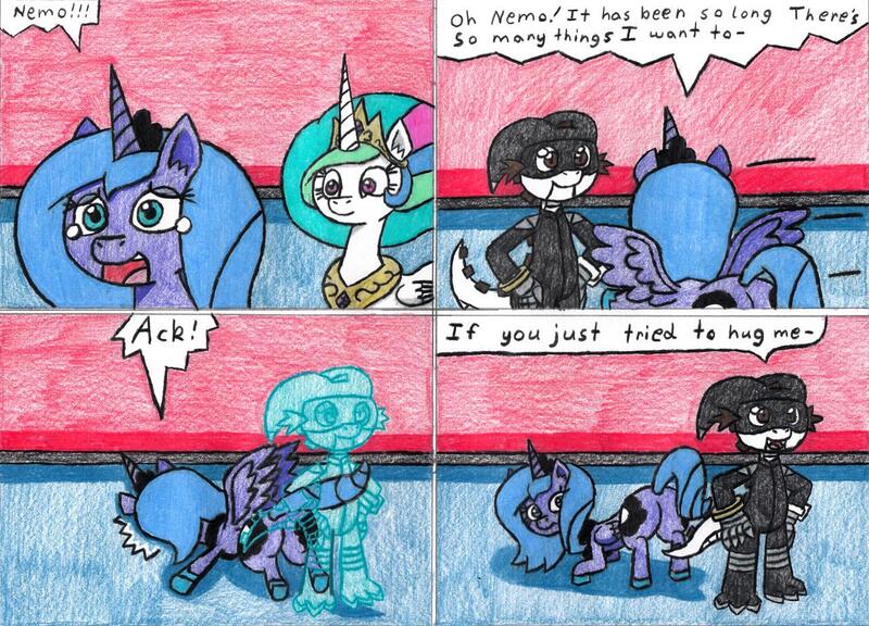 Size: 1280x922 | Tagged: safe, artist:eternaljonathan, derpibooru import, princess celestia, princess luna, oc, oc:nemo, alicorn, dragon, pony, comic:first three back, butt, comic, crying, guardian, hologram, hug denied, plot, traditional art