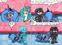 Size: 1280x922 | Tagged: safe, artist:eternaljonathan, derpibooru import, princess celestia, princess luna, oc, oc:nemo, alicorn, dragon, pony, comic:first three back, butt, comic, crying, guardian, hologram, hug denied, plot, traditional art