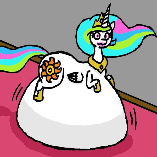 Size: 800x800 | Tagged: safe, artist:eternaljonathan, derpibooru import, princess celestia, alicorn, pony, belly, belly bed, big belly, chubbylestia, digital art, fat, food, huge belly, ice cream, impossibly large belly, messy eating, obese, stuffed