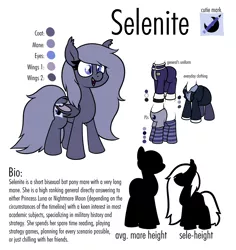 Size: 2004x2123 | Tagged: safe, artist:moonatik, derpibooru import, oc, oc:selenite, bat pony, pony, bat pony oc, bat wings, bisexuality, business suit, clothes, cute, cute little fangs, fangs, female, long mane, mare, military uniform, pajamas, reference sheet, shirt, short, simple background, skirt, slit eyes, small pony, smiling, smol, socks, solo, striped socks, text, tights, white background, wings