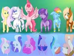 Size: 1024x768 | Tagged: safe, artist:royal-snowflake, derpibooru import, applejack, fluttershy, pinkie pie, rainbow dash, rarity, twilight sparkle, earth pony, pegasus, pony, unicorn, leak, spoiler:g5, applejack (g5), bipedal, earth pony twilight, female, fluttershy (g5), g4, g4 to g5, g5, gradient mane, gradient tail, hooves, mane six, mane six (g5), mare, pegasus pinkie pie, pinkie pie (g5), race swap, rainbow dash (g5), rarity (g5), redesign, reflection, simple background, twilight sparkle (g5), unicorn fluttershy, wings