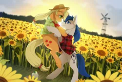 Size: 1200x807 | Tagged: safe, artist:mr-tiaa, derpibooru import, applejack, oc, oc:constance everheart, earth pony, pony, apple, bipedal, blushing, canon x oc, clothes, crying, everjack, eye contact, female, flower, food, holding a pony, looking at each other, male, mare, plaid, plaid shirt, shipping, shirt, stallion, standing up, straight, sunflower, sunset, tears of joy, teary eyes