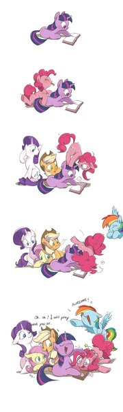 Size: 1229x4096 | Tagged: safe, artist:drtuo4, derpibooru import, applejack, fluttershy, pinkie pie, rainbow dash, rarity, twilight sparkle, earth pony, pegasus, pony, unicorn, ..., circling stars, comic, crying, cute, cute little fangs, dialogue, dizzy, fangs, female, floppy ears, laughing, mane six, mare, reading, silly, silly pony, simple background, speech bubble, stars, sweat, sweatdrops, swirly eyes, tears of laughter, teary eyes, tongue out, unicorn twilight, weapons-grade cute, white background