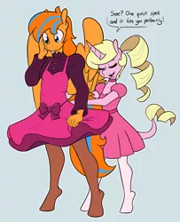 Size: 1935x2379 | Tagged: safe, artist:whatsapokemon, derpibooru import, oc, oc:cold front, oc:eureka, unofficial characters only, anthro, pegasus, unicorn, bow, button, clothes, commission, crossdressing, dialogue, dress, female, horn, male, mare, pantyhose, pegasus oc, smiling, stallion, unicorn oc, wings