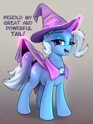 Size: 3652x4869 | Tagged: safe, artist:xbi, derpibooru import, trixie, pony, unicorn, cape, clothes, dialogue, female, gradient background, great and powerful, hat, high res, levitation, looking at you, magic, magic aura, mare, presenting, presenting tail, solo, tail, telekinesis, trixie's cape, trixie's hat