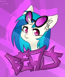 Size: 1100x1300 | Tagged: safe, artist:skylinetoaster, artist:speedy wing, derpibooru import, vinyl scratch, pony, bust, collaboration, cute, ear fluff, female, graffiti, mare, portrait, purple background, simple background, solo, vinylbetes