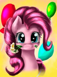 Size: 1024x1383 | Tagged: safe, artist:ninatvpk, derpibooru import, pinkie pie, pony, balloon, bust, cute, diapinkes, female, flower, flower in mouth, looking at you, mare, mouth hold, portrait, simple background, smiling, solo, yellow background