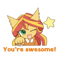 Size: 1000x1000 | Tagged: ambiguous facial structure, anthro, artist:howxu, bust, caption, cute, derpibooru import, ear fluff, emoji, female, fist bump, one eye closed, open mouth, portrait, reaction image, safe, shimmerbetes, simple background, solo, stars, sunset shimmer, transparent background, wink