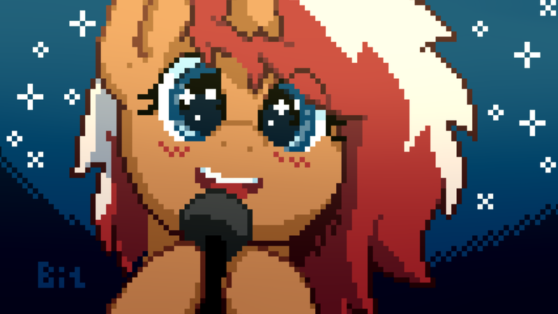 Size: 1920x1080 | Tagged: safe, artist:bitassembly, derpibooru import, oc, oc:cherry fizz, unofficial characters only, unicorn, blushing, bust, eye clipping through hair, female, looking at you, mare, microphone, pixel art, portrait, simple background, singing, solo