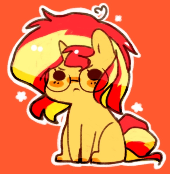 Size: 1297x1330 | Tagged: safe, artist:luxjii, derpibooru import, sunset shimmer, pony, unicorn, beady eyes, blank flank, blushing, chibi, cute, female, filly, filly sunset shimmer, glasses, red background, shimmerbetes, simple background, sitting, solo, stars, younger