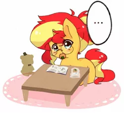 Size: 1543x1403 | Tagged: safe, artist:luxjii, derpibooru import, sunset shimmer, pony, unicorn, ..., alternate hairstyle, book, crossover, cute, five nights at freddy's, food, freddy fazbear, glasses, mouth hold, onigiri, plushie, reading, shimmerbetes, solo, studying, teddy bear