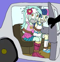 Size: 948x966 | Tagged: safe, artist:bugssonicx, derpibooru import, bon bon, lyra heartstrings, sweetie drops, equestria girls, abuse, bondage, bound and gagged, car, damsel in distress, gag, kidnapped, tape, tape gag, this will end in rape, tied up