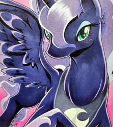 Size: 1819x2048 | Tagged: safe, artist:025aki, derpibooru import, princess luna, alicorn, pony, blushing, female, looking at you, mare, solo, traditional art