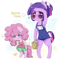 Size: 1372x1391 | Tagged: alternate hairstyle, angry, armpits, artist:ask-nerdy-twilight, artist:luxjii, ask nerdy twilight, basket, beach, blushing, bow, clothes, crab, cute, derpibooru import, diapinkes, duo, hair bow, inner tube, madorable, no pupils, one-piece swimsuit, pinkie pie, pouting, safe, semi-anthro, size difference, sukumizu, sunglasses, swimsuit, :t, twiabetes, twilight sparkle, water wings
