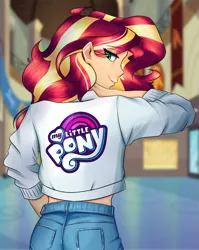 Size: 1591x2000 | Tagged: safe, artist:mandy1412, derpibooru import, sunset shimmer, equestria girls, canterlot high, clothes, female, hallway, high school, jacket, jeans, lidded eyes, long sleeves, looking at you, looking back, looking back at you, my little pony logo, pants, pockets, smiling, smiling at you, solo