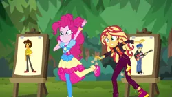 Size: 1280x720 | Tagged: safe, artist:mlpfan3991, derpibooru import, edit, edited screencap, screencap, cheese sandwich, flash sentry, pinkie pie, sunset shimmer, equestria girls, equestria girls series, sunset's backstage pass!, spoiler:eqg series (season 2), cheesepie, clothes, female, flashimmer, male, music festival outfit, shipping, shoes, sneakers, straight