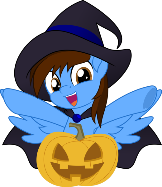 Size: 832x960 | Tagged: artist:jhayarr23, bust, cape, clothes, commission, derpibooru import, halloween, happy, hat, holiday, looking at you, movie accurate, oc, oc:pegasusgamer, palindrome get, part of a set, pegasus, pegasus oc, pumpkin, safe, simple background, smiling, transparent background, wings, ych result