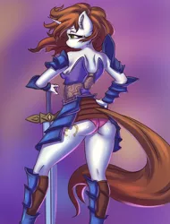 Size: 1500x1977 | Tagged: suggestive, artist:prisma6, derpibooru import, oc, oc:dust trail, unofficial characters only, anthro, unicorn, armor, breasts, commission, female, horn, solo, sword, tail, unconvincing armor, weapon, ych result