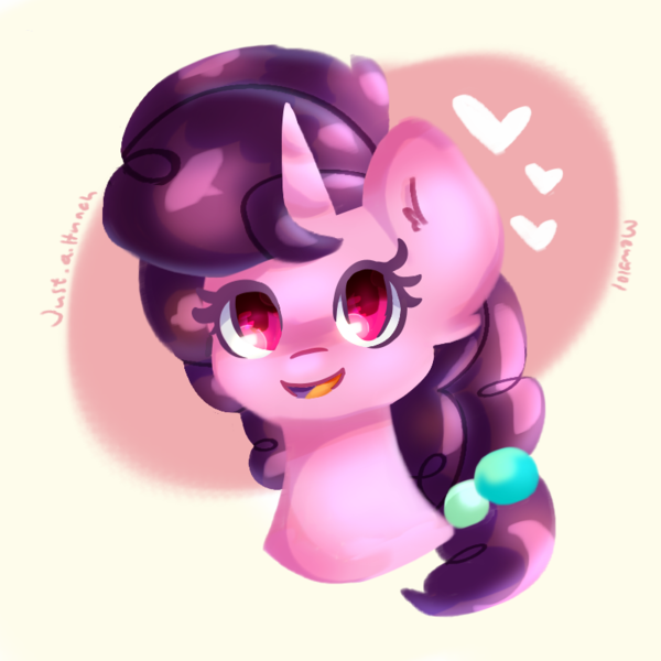 Size: 800x800 | Tagged: safe, artist:mewy101, derpibooru import, sugar belle, pony, abstract background, bust, cute, ear fluff, female, heart, mare, open mouth, portrait, solo, sugarbetes