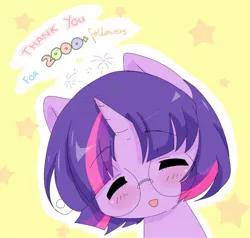 Size: 1446x1375 | Tagged: alternate hairstyle, artist:luxjii, ask nerdy twilight, blushing, bust, cute, derpibooru import, eyes closed, glasses, milestone, moe, open mouth, portrait, safe, simple background, solo, stars, tumblr, twiabetes, twilight sparkle, yellow background