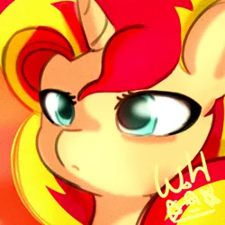 Size: 500x500 | Tagged: safe, artist:walthooves, derpibooru import, sunset shimmer, pony, unicorn, bust, cute, female, mare, orange background, portrait, shimmerbetes, simple background, solo