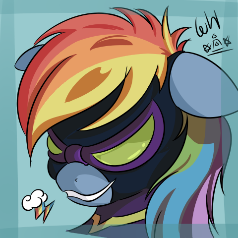 Size: 480x480 | Tagged: safe, artist:walthooves, derpibooru import, rainbow dash, pegasus, pony, bust, clothes, costume, female, floppy ears, goggles, mare, nightmare night costume, portrait, shadowbolt dash, shadowbolts, shadowbolts costume, smiling, solo