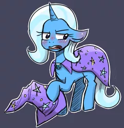 Size: 666x688 | Tagged: safe, artist:lucidlarceny, derpibooru import, trixie, pony, unicorn, blushing, blushing ears, cape, clothes, cute, diatrixes, female, floppy ears, gray background, hat, mare, open mouth, outline, simple background, solo, trixie's cape, trixie's hat