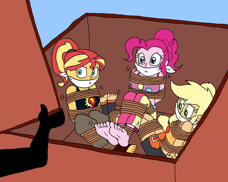 Size: 1360x1090 | Tagged: suggestive, artist:bugssonicx, derpibooru import, applejack, pinkie pie, sunset shimmer, equestria girls, alternate costumes, applesub, barefoot, bondage, bound and gagged, bra, breasts, capoeira, cloth gag, clothes, crate, feet, female, femsub, gag, martial arts, muay thai, pinkiesub, ponytail, rope, sports bra, submissive, subset, tied up, underwear