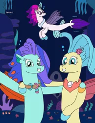Size: 2588x3340 | Tagged: artist:supahdonarudo, coral, derpibooru import, fish, my little pony: the movie, oc, oc:sea lilly, photobomb, princess skystar, queen novo, safe, seapony (g4), seaquestria, selfie, smiling, starfish