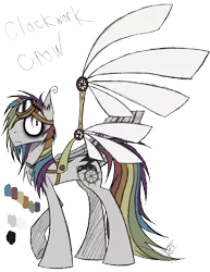 Size: 888x1150 | Tagged: safe, artist:didun850, derpibooru import, oc, oc:clockwork crow, unofficial characters only, earth pony, pony, artificial wings, augmented, bags under eyes, earth pony oc, goggles, mechanical wing, multicolored hair, rainbow hair, reference sheet, signature, simple background, transparent background, wings