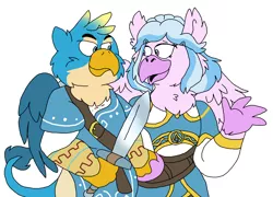 Size: 1964x1416 | Tagged: safe, artist:stretchnsnort, derpibooru import, gallus, silverstream, anthro, classical hippogriff, gryphon, hippogriff, clothes, cosplay, costume, female, gallstream, link, male, princess zelda, shipping, straight, the legend of zelda, the legend of zelda: breath of the wild