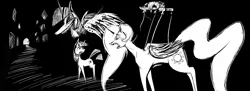 Size: 1980x720 | Tagged: safe, anonymous artist, derpibooru import, princess celestia, twilight sparkle, twilight sparkle (alicorn), alicorn, pony, unicorn, abstract, black and white, dark, doppleganger, female, grayscale, mare, marionette, monochrome, puppet strings, scared, teeth, unicorn twilight