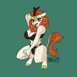 Size: 2000x2000 | Tagged: suggestive, artist:fizzlesoda2000, derpibooru import, edit, autumn blaze, anthro, kirin, unguligrade anthro, arm behind head, armpits, big breasts, bra, breasts, busty autumn blaze, clothes, female, hooves, kneeling, ok hand emoji, ok hand sign, open mouth, simple background, solo, solo female, sports bra, sports panties, squatting, tongue out, underwear
