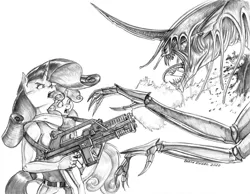 Size: 1400x1089 | Tagged: alien, alien (franchise), anthro, artist:baron engel, breasts, crossover, derpibooru import, ellen ripley, grayscale, gun, m41a pulse rifle, monochrome, newt, pencil drawing, rarity, semi-grimdark, simple background, sweetie belle, traditional art, unguligrade anthro, weapon, white background, xenomorph