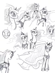 Size: 812x1080 | Tagged: safe, artist:tswt, derpibooru import, princess luna, alicorn, pony, black and white, character study, expressions, facial expressions, female, grayscale, jewelry, mare, monochrome, regalia, simple background, sketch, solo, study, white background