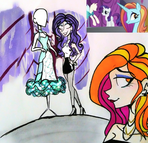 Size: 1998x1931 | Tagged: artist:citi, canterlot boutique, clothes, derpibooru import, dress, duo, hand on hip, human, humanized, mannequin, princess dress, rarity, safe, sassy saddles, scene interpretation, screencap, screencap reference, traditional art