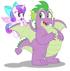 Size: 3758x3825 | Tagged: adult, adult spike, artist:aleximusprime, belly, bow, chubby, derpibooru import, dragon, duo, fat, fat spike, female, filly, filly flurry heart, floating eyebrows, flurry heart's story, future flurry heart, future spike, hanging, looking at each other, no cutie marks yet, older, older flurry heart, older spike, plump, princess flurry heart, safe, simple background, spike, spike day, transparent background, winged spike