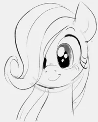 Size: 406x507 | Tagged: safe, artist:dotkwa, derpibooru import, fluttershy, pegasus, pony, bust, cute, female, filly, filly fluttershy, hair over one eye, monochrome, portrait, shyabetes, simple background, smiling, solo, white background, younger