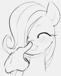 Size: 406x507 | Tagged: safe, artist:dotkwa, derpibooru import, fluttershy, pegasus, pony, blushing, boop, cute, disembodied hand, eyes closed, female, filly, filly fluttershy, hand, monochrome, shyabetes, simple background, smiling, white background, younger