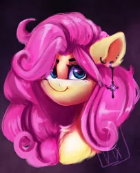 Size: 2441x3000 | Tagged: safe, artist:thewickedvix, derpibooru import, fluttershy, pony, bust, chest fluff, cute, ear fluff, ear piercing, earring, female, high res, jewelry, looking at you, mare, piercing, portrait, shyabetes, solo, three quarter view