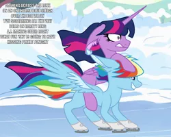 Size: 1280x1024 | Tagged: safe, artist:koloredkat, derpibooru import, edit, rainbow dash, twilight sparkle, twilight sparkle (alicorn), alicorn, pegasus, pony, female, ice, ice skating, implied flutterpie, lesbian, mare, missing cutie mark, ponies riding ponies, riding, shipping, snow, twidash, winter